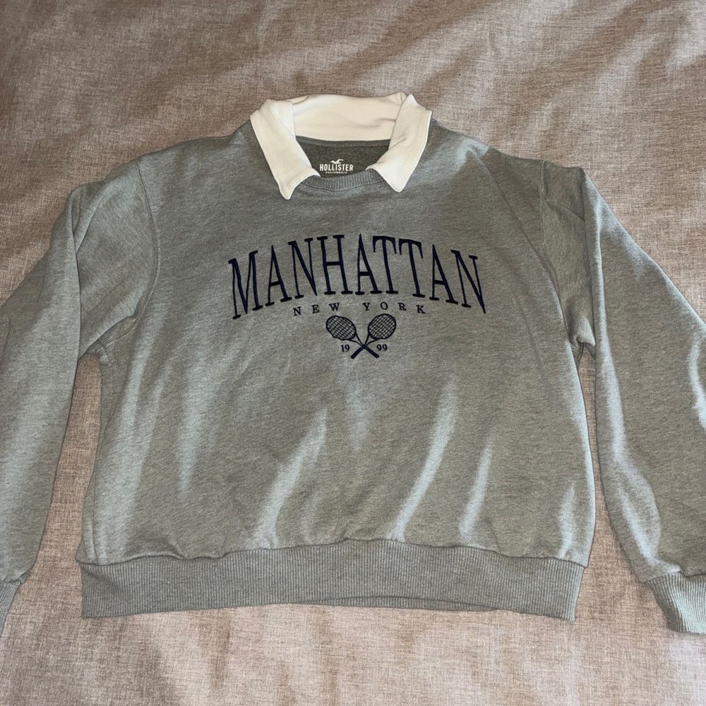 Hollister Grey Crewneck Sweatshirt with Navy Manhattan Logo